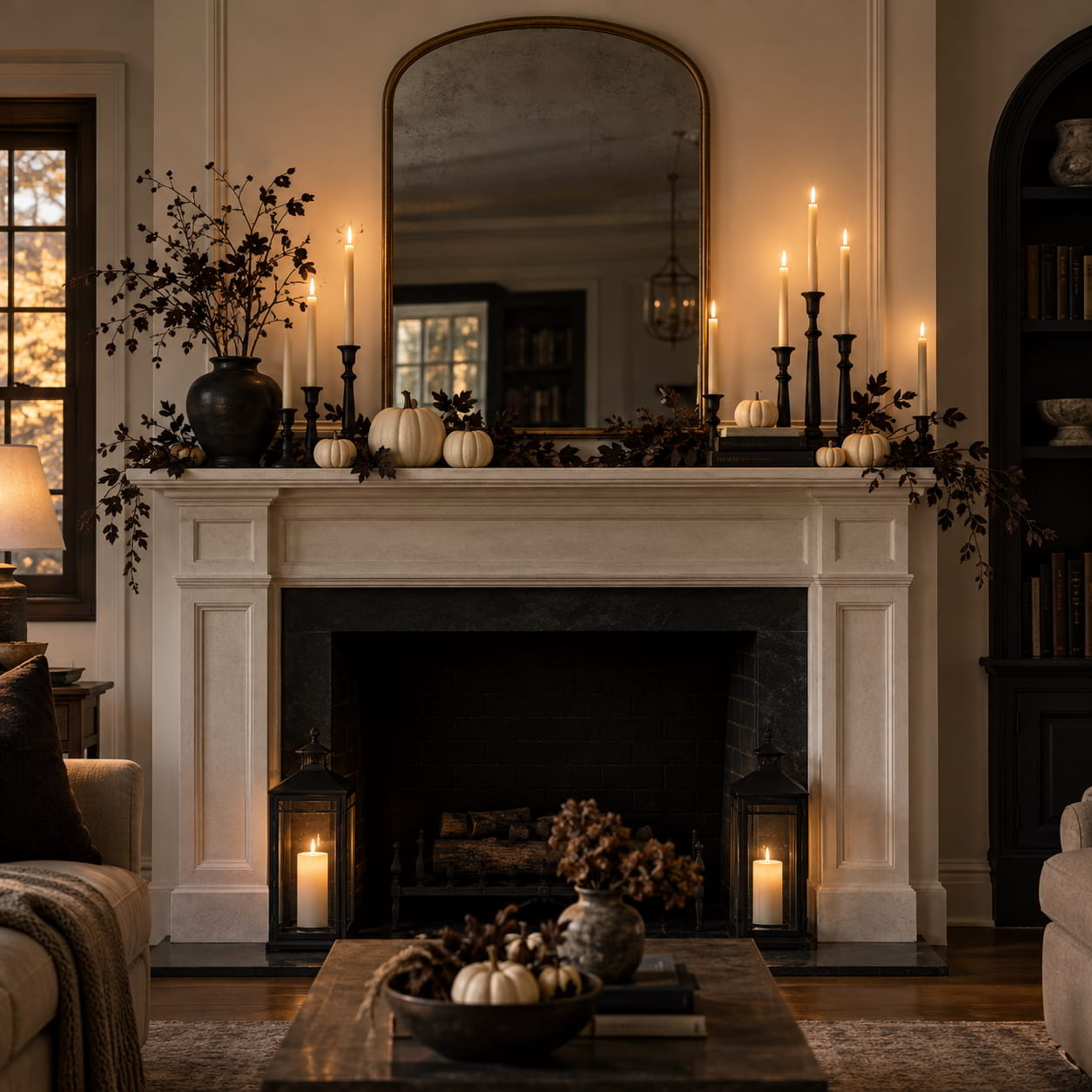 Elegant black and ivory Halloween mantel with warm candles and pumpkins