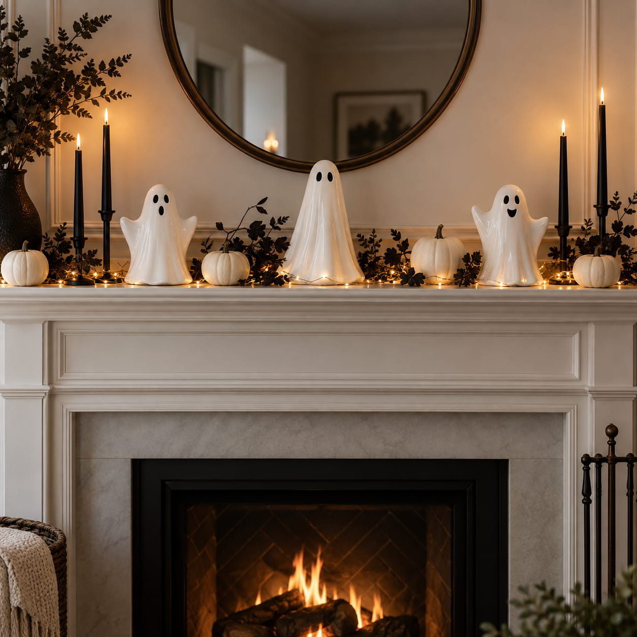 Minimal Halloween ghost mantel with white pumpkins and black taper candles