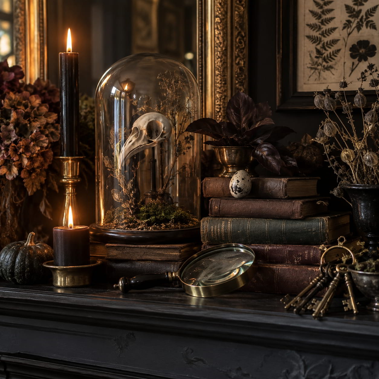 Halloween mantel styled with vintage books candles and elegant curiosities