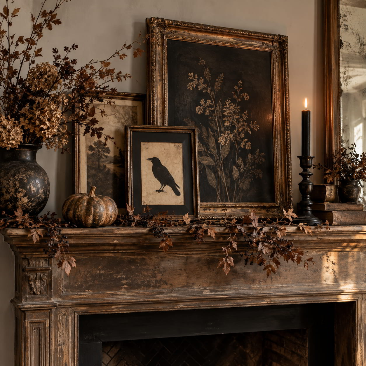 Halloween mantel styled with vintage frames and subtle spooky artwork