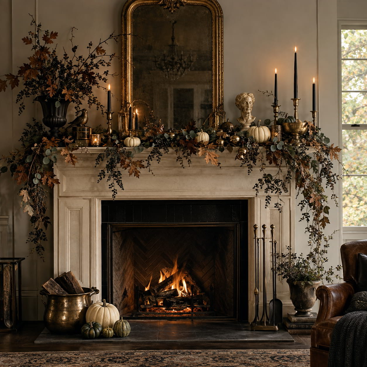 Moody botanical Halloween mantel garland with autumn foliage and pumpkins