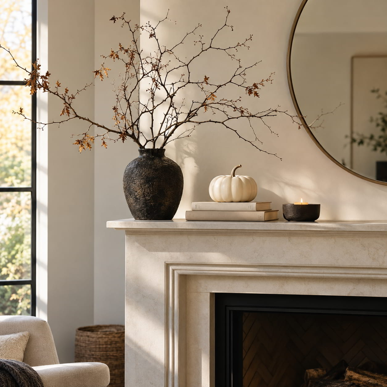 Modern asymmetrical Halloween mantel with elegant minimalist seasonal decor