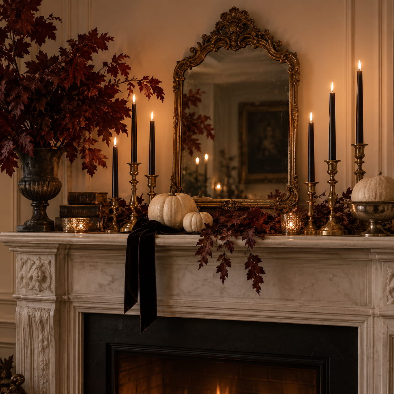 Soft gothic Halloween mantel with antique brass candlesticks and dark accents
