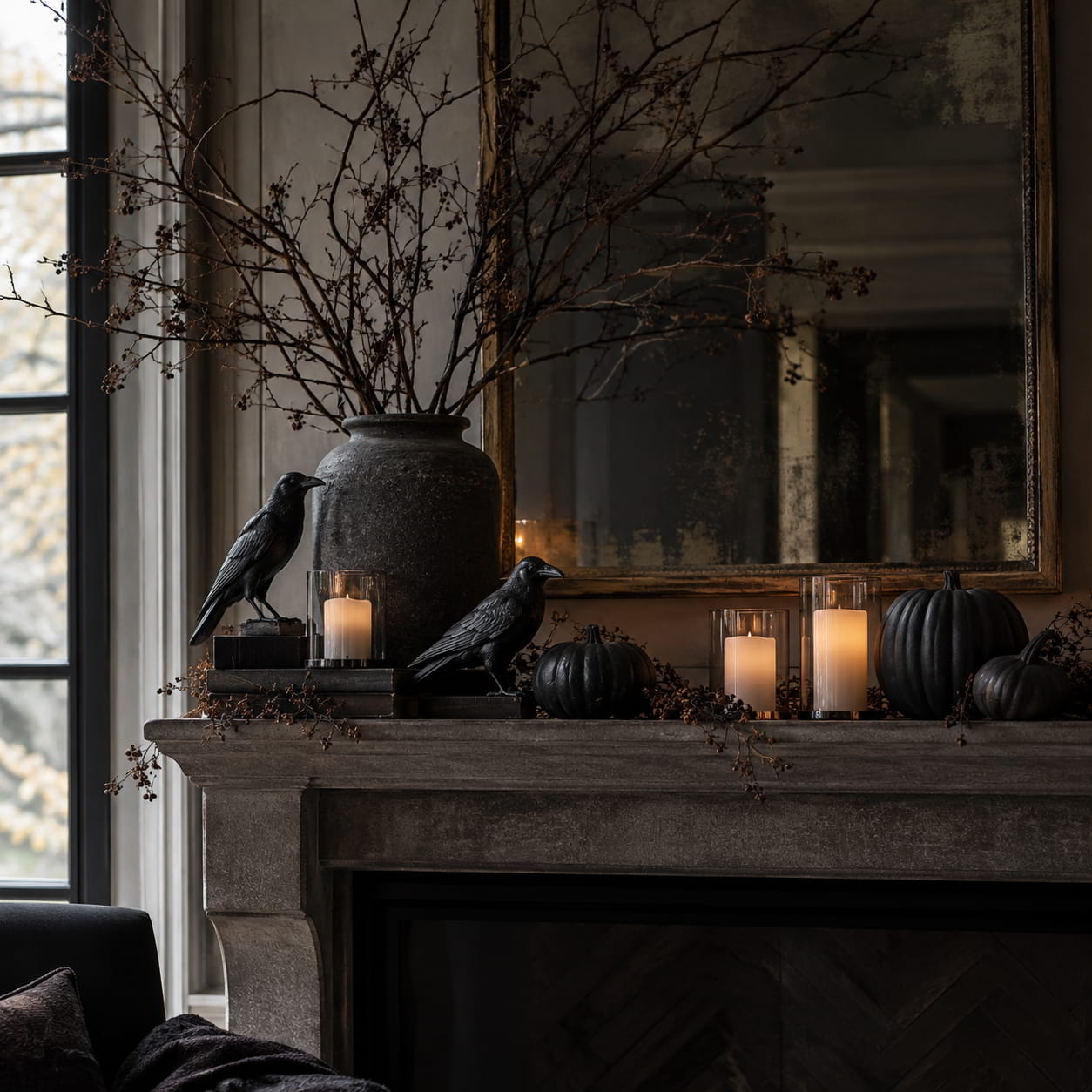 Dramatic Halloween mantel focal point with raven figures and bare branches
