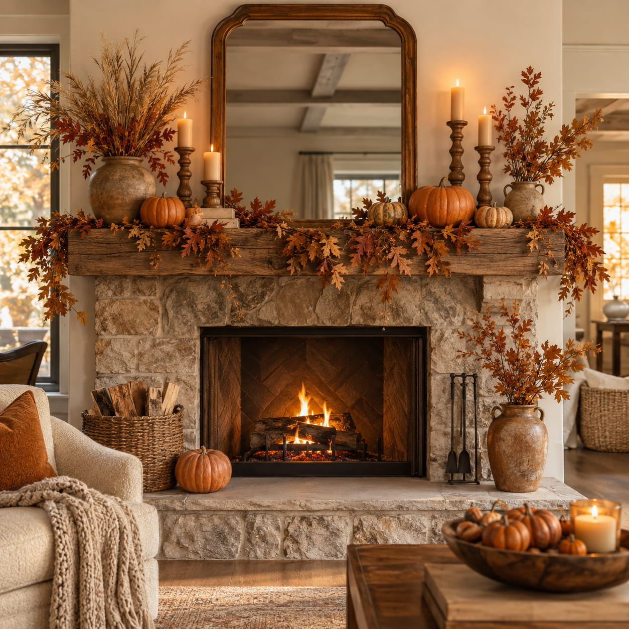 Elegant Halloween mantel in muted orange tones with natural wood accents