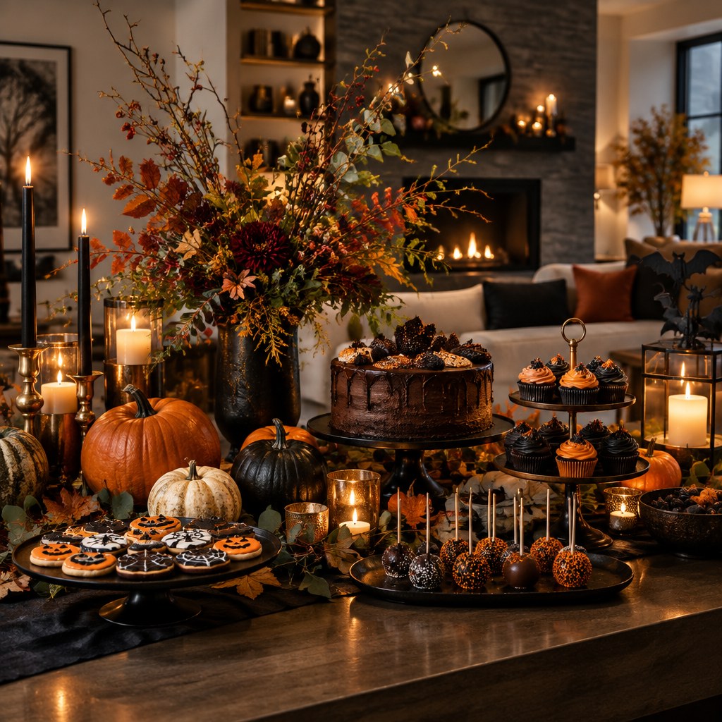 Memorable elegant Halloween party focal point with a dessert display, pumpkins, candles and autumn greenery