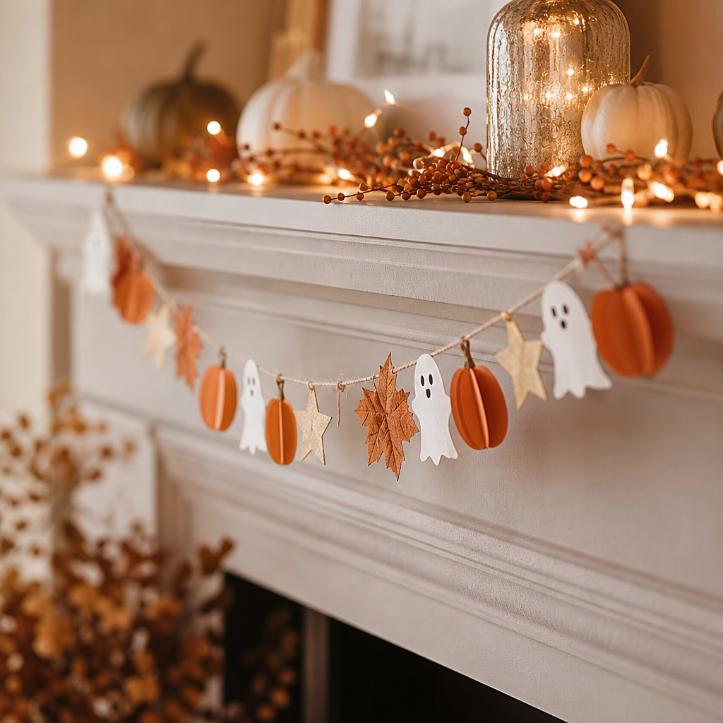 Mini handmade Halloween garland with pumpkins and leaves