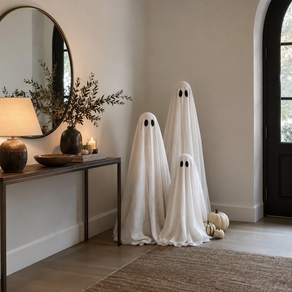 Minimalist white fabric ghost display in a modern Halloween entryway