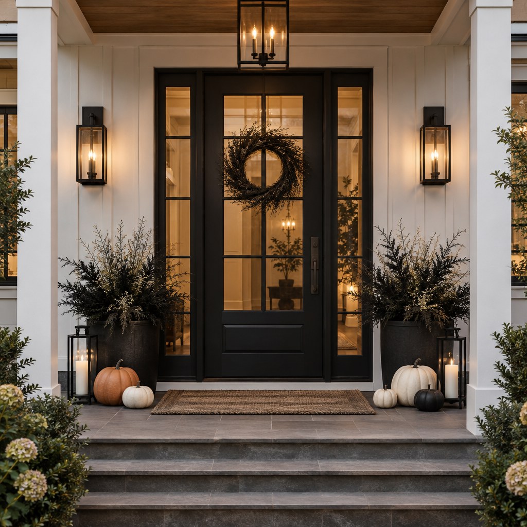 Modern black and white Halloween porch with a single orange pumpkin accent