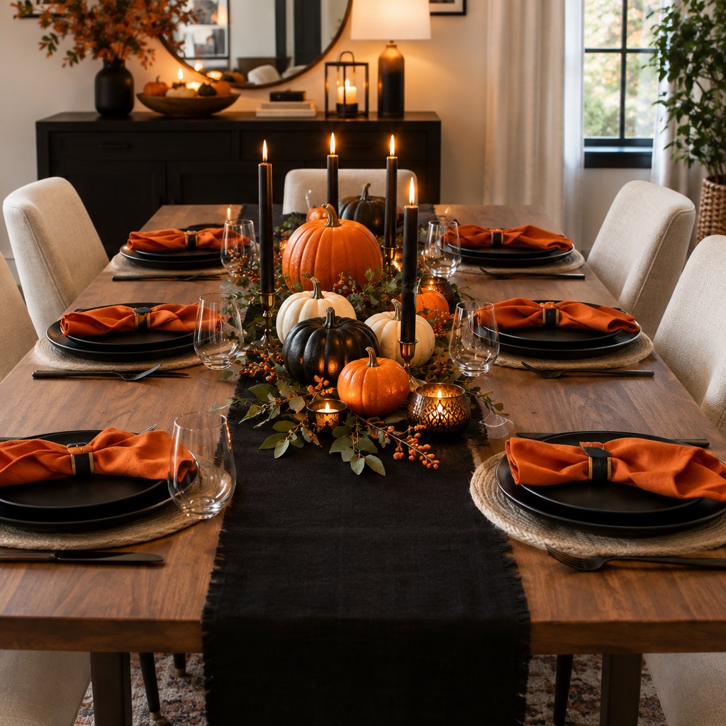 Modern orange and black Halloween table setting