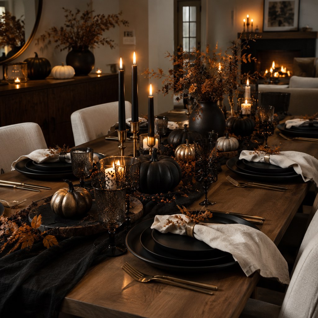 Moody black and warm neutral Halloween table setting