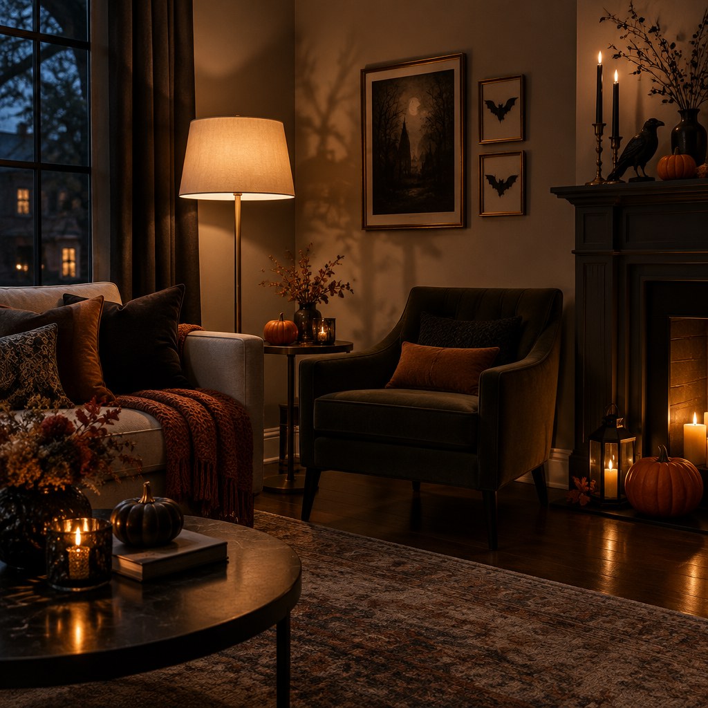 Moody Halloween wall shadows and accent lighting in a compact living room