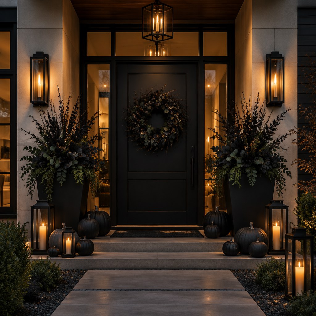 Moody sophisticated Halloween front door with dark pumpkins and warm lighting