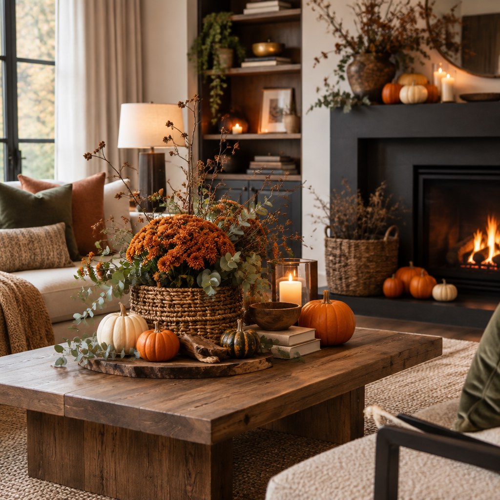 Natural fall Halloween decor with pumpkins, dried branches, mums, greenery and woven textures