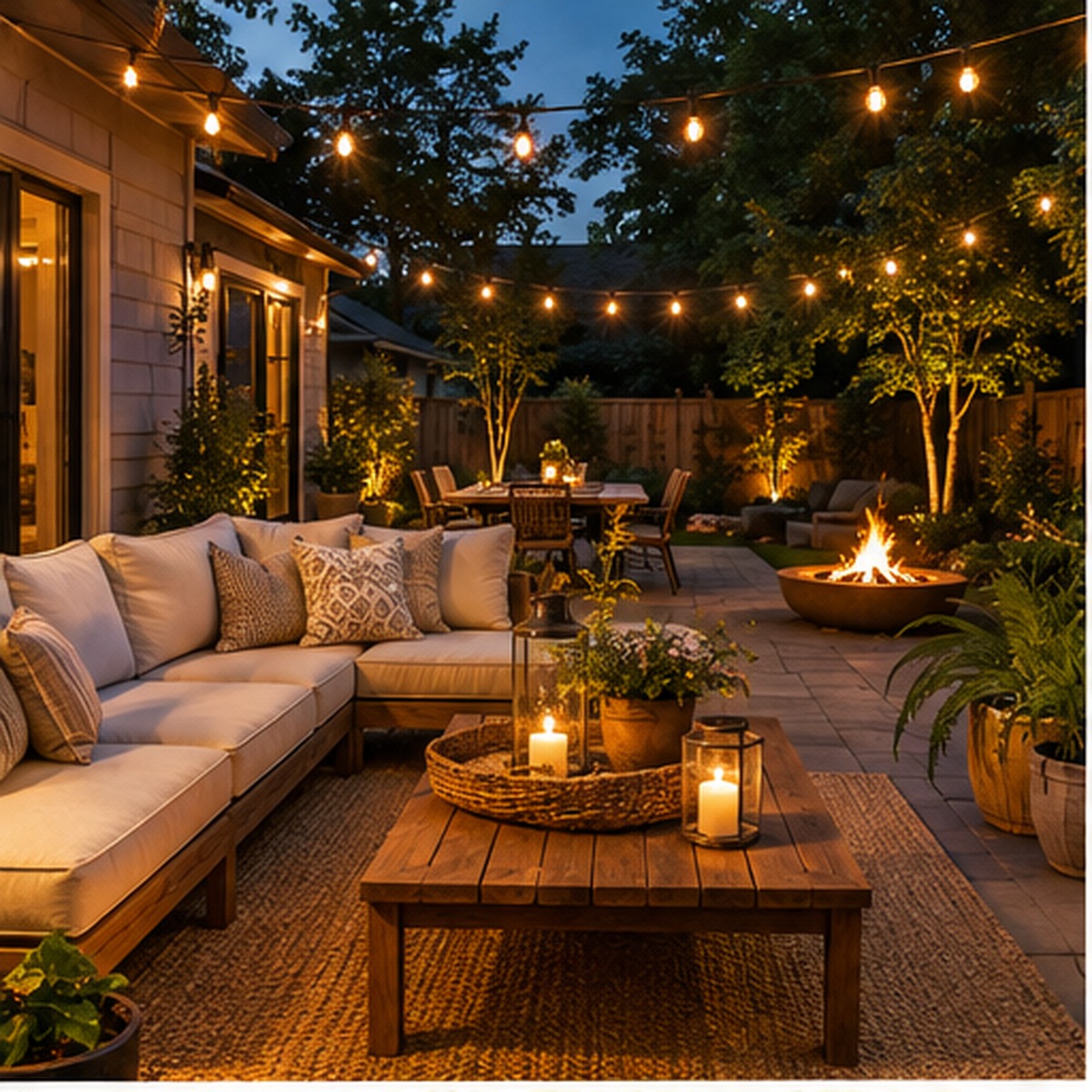 Cozy outdoor seating area in an American backyard
