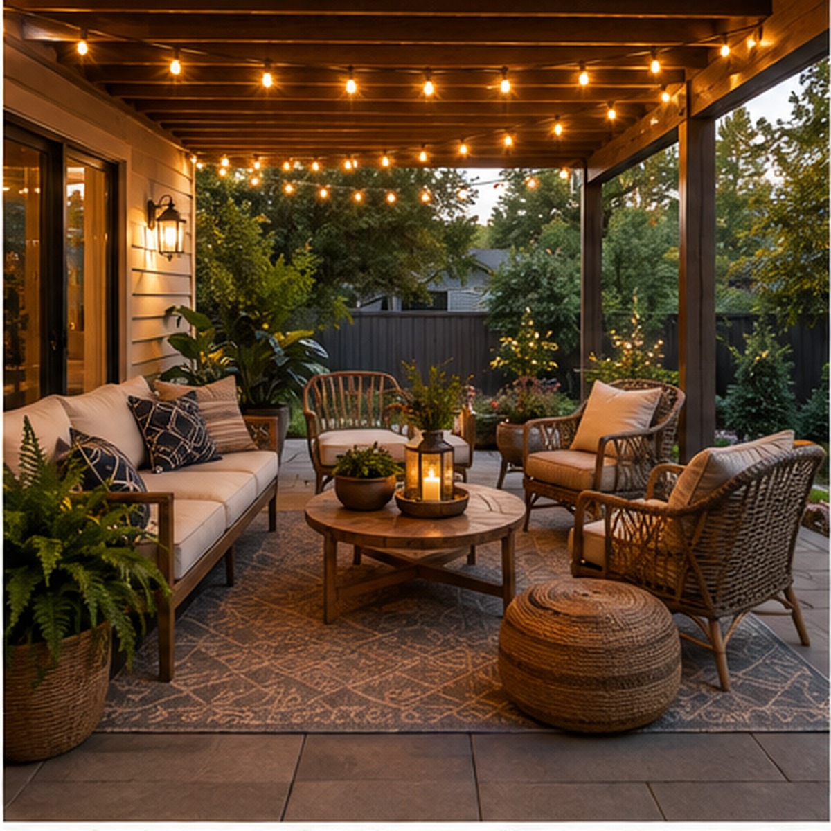 Outdoor seating area with a textured outdoor rug