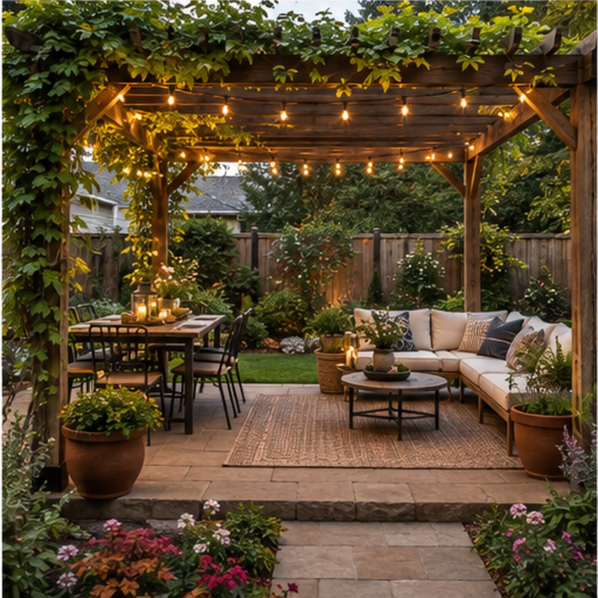 Cozy outdoor dining area with garden lighting