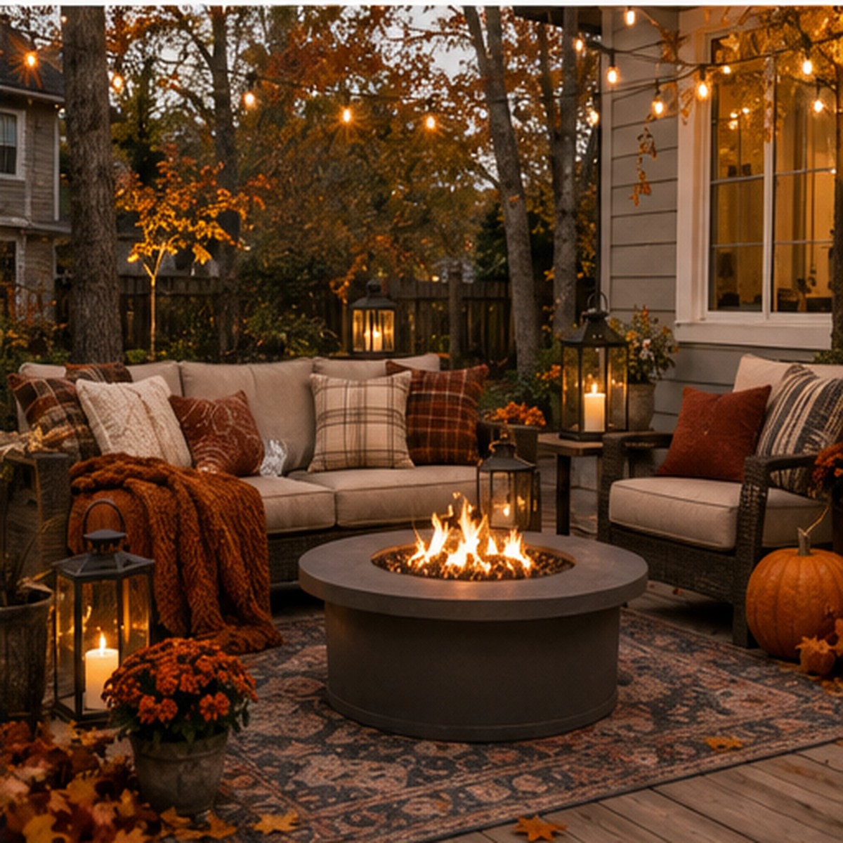 Cozy fall outdoor living space with fire pit and blankets