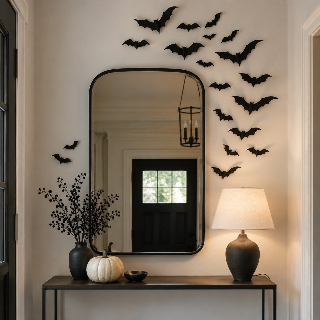 Paper bats arranged around an entryway mirror for Halloween
