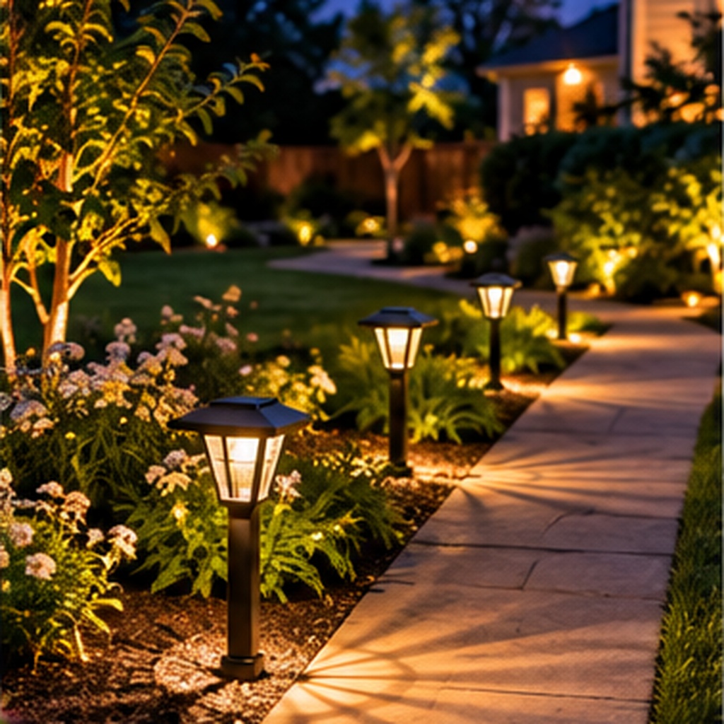 Low solar pathway lights guiding the way through a landscaped backyard