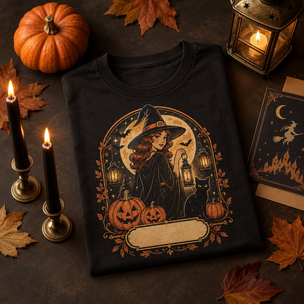 Personalized Halloween party host T-shirt styled with elegant fall party details