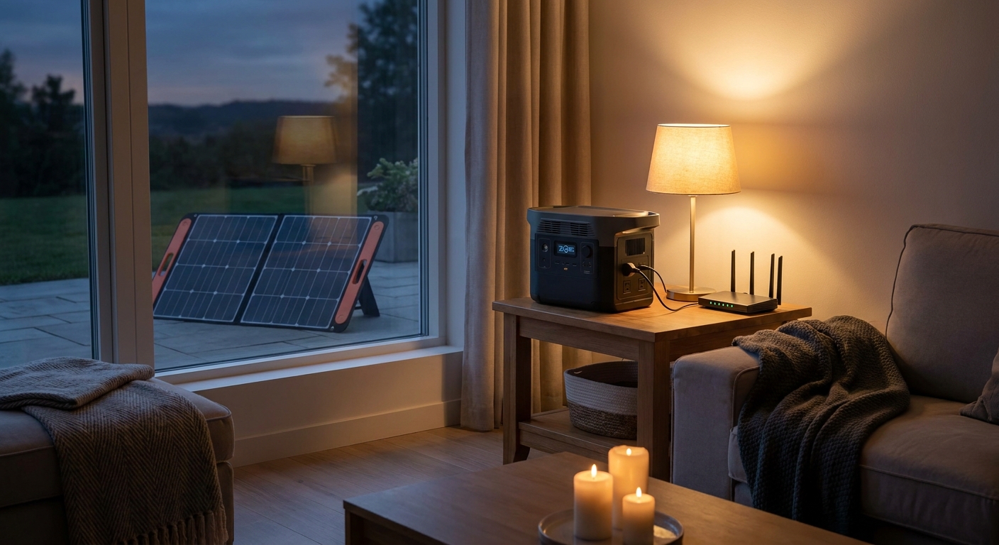 Portable battery backup powering a home during a brief outage