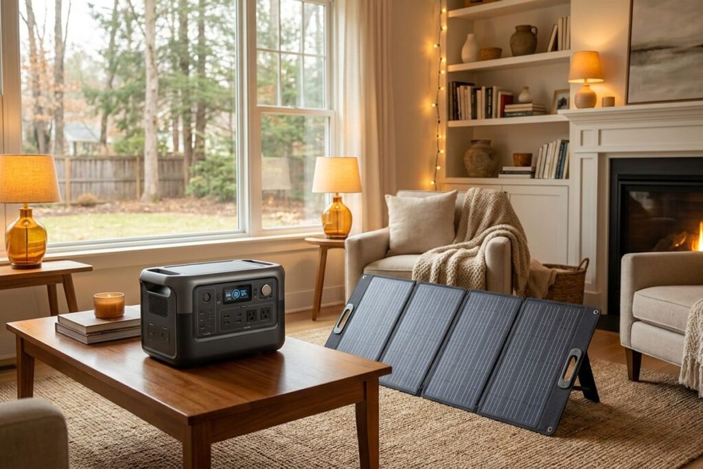 Portable power station and solar panels for home backup power