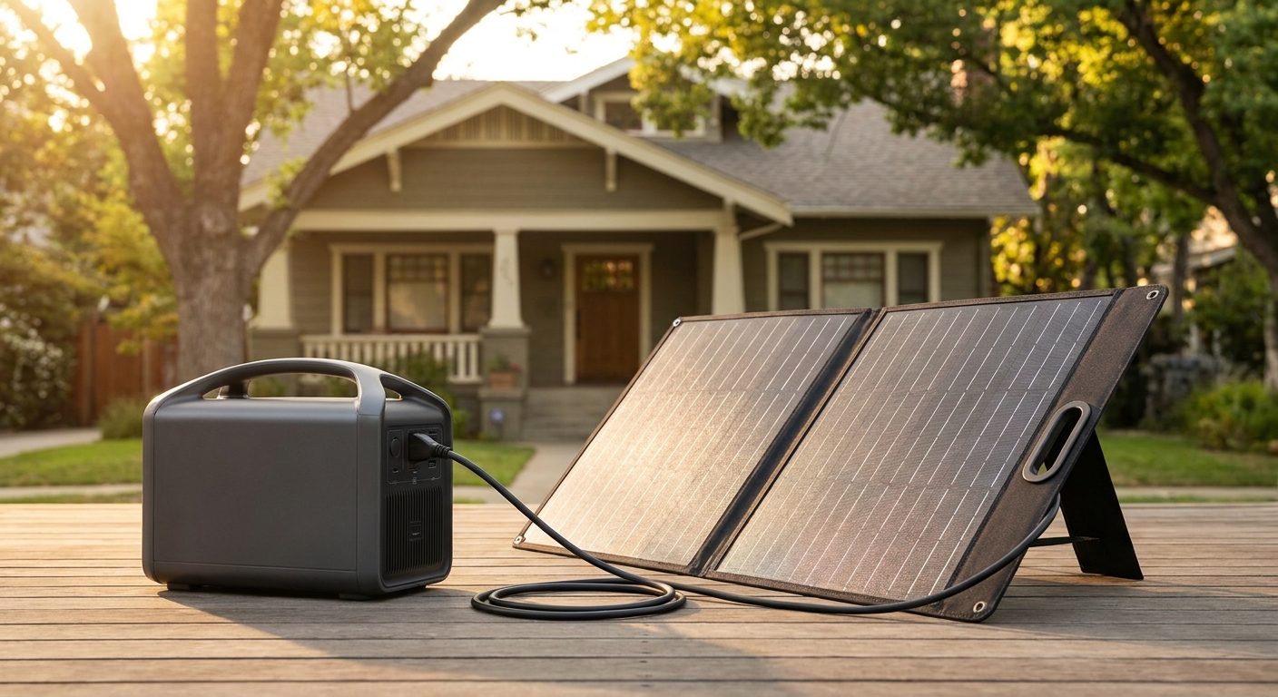 Portable solar panels charging a battery power station at home