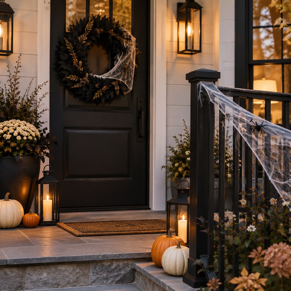Refined Halloween spiderweb accent on an elegant porch wreath