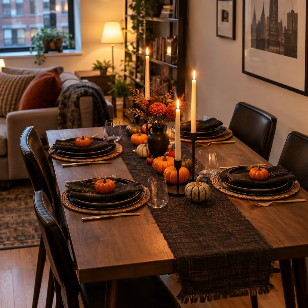 Small apartment Halloween table setting with space-saving decor