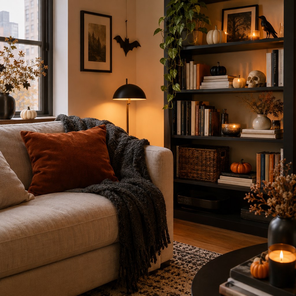Small apartment sofa with cozy Halloween cushion covers and autumn textiles
