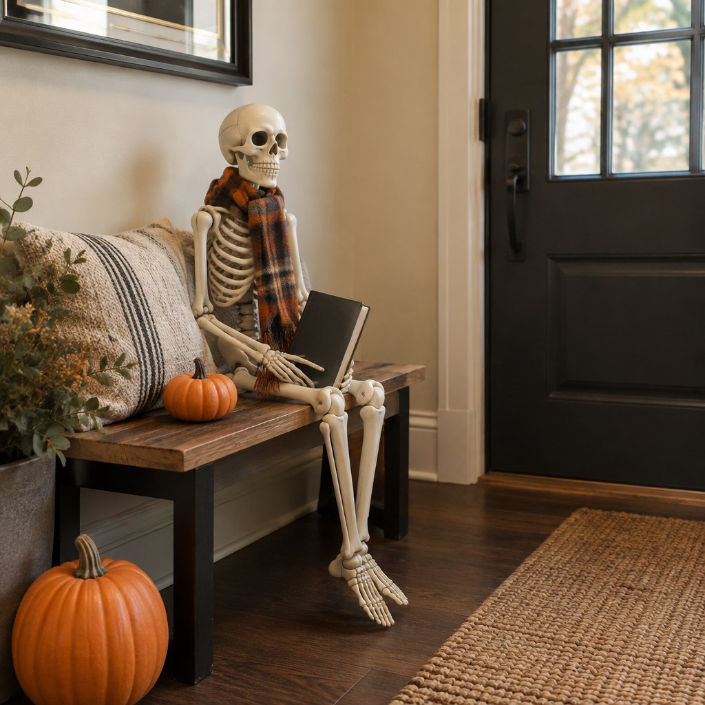 Small decorative skeleton seated in an elegant Halloween entryway