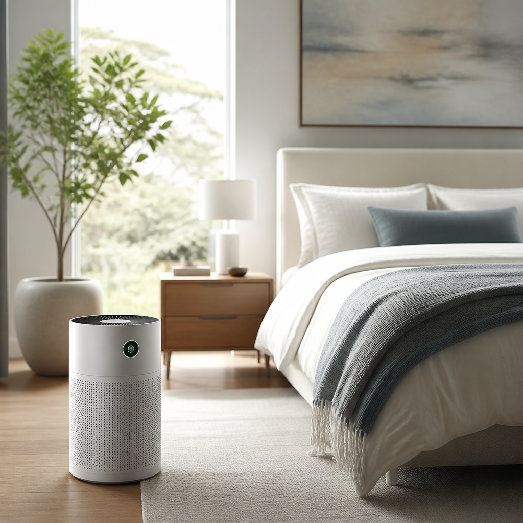 Smart air purifier in a modern bedroom