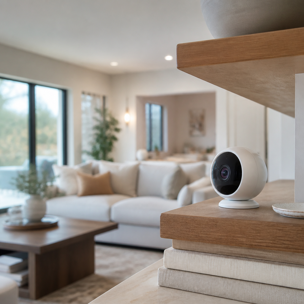 Smart indoor security camera in a modern living room