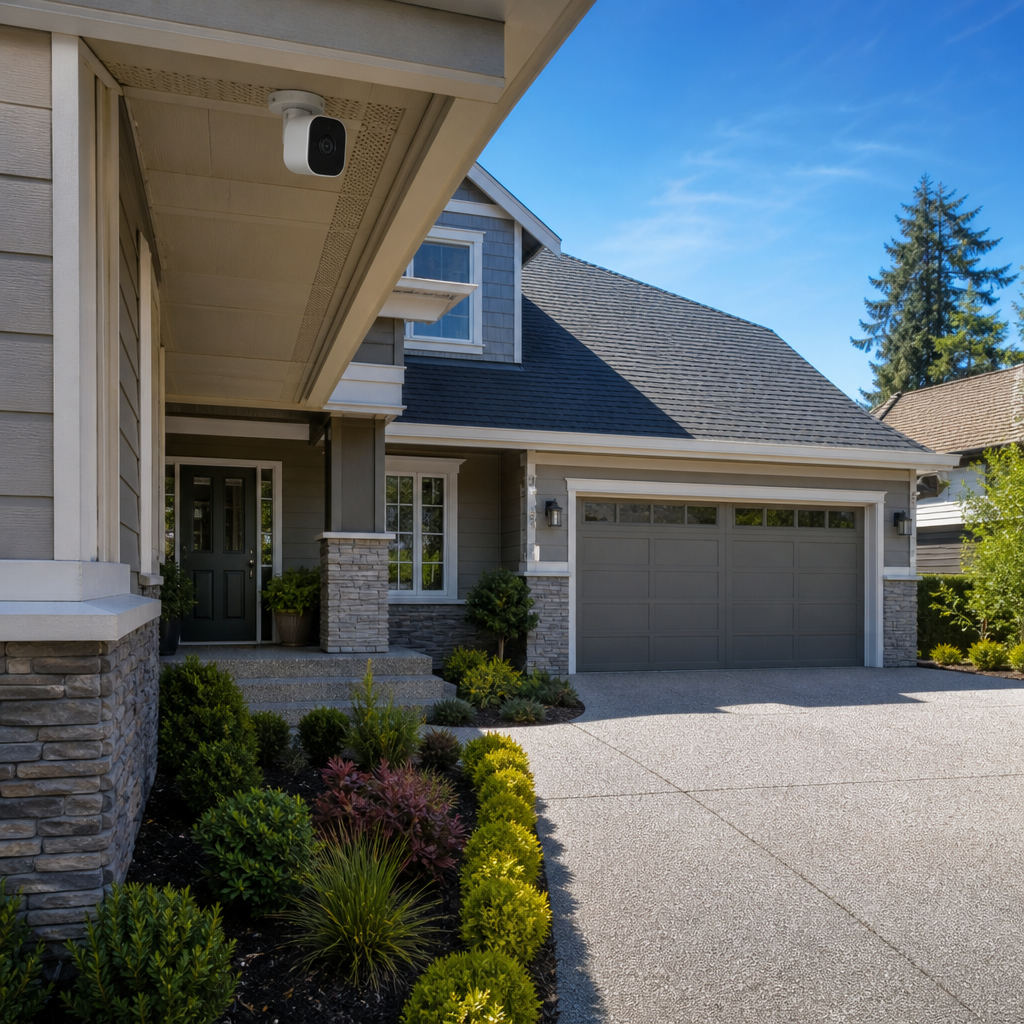 Smart outdoor security camera monitoring a home entrance