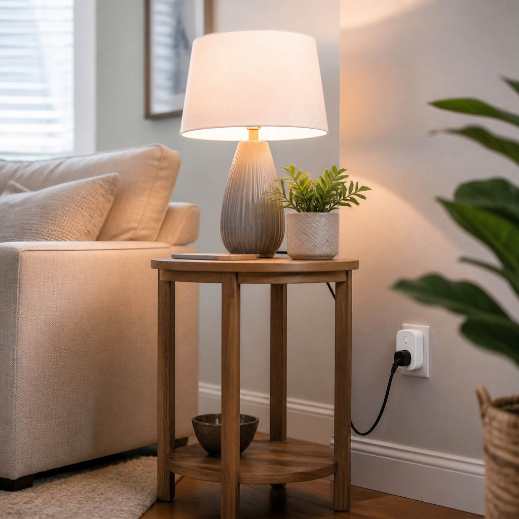 Smart plug controlling a lamp in a modern living room