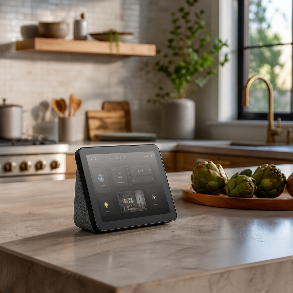 Smart speaker and home hub in a modern kitchen