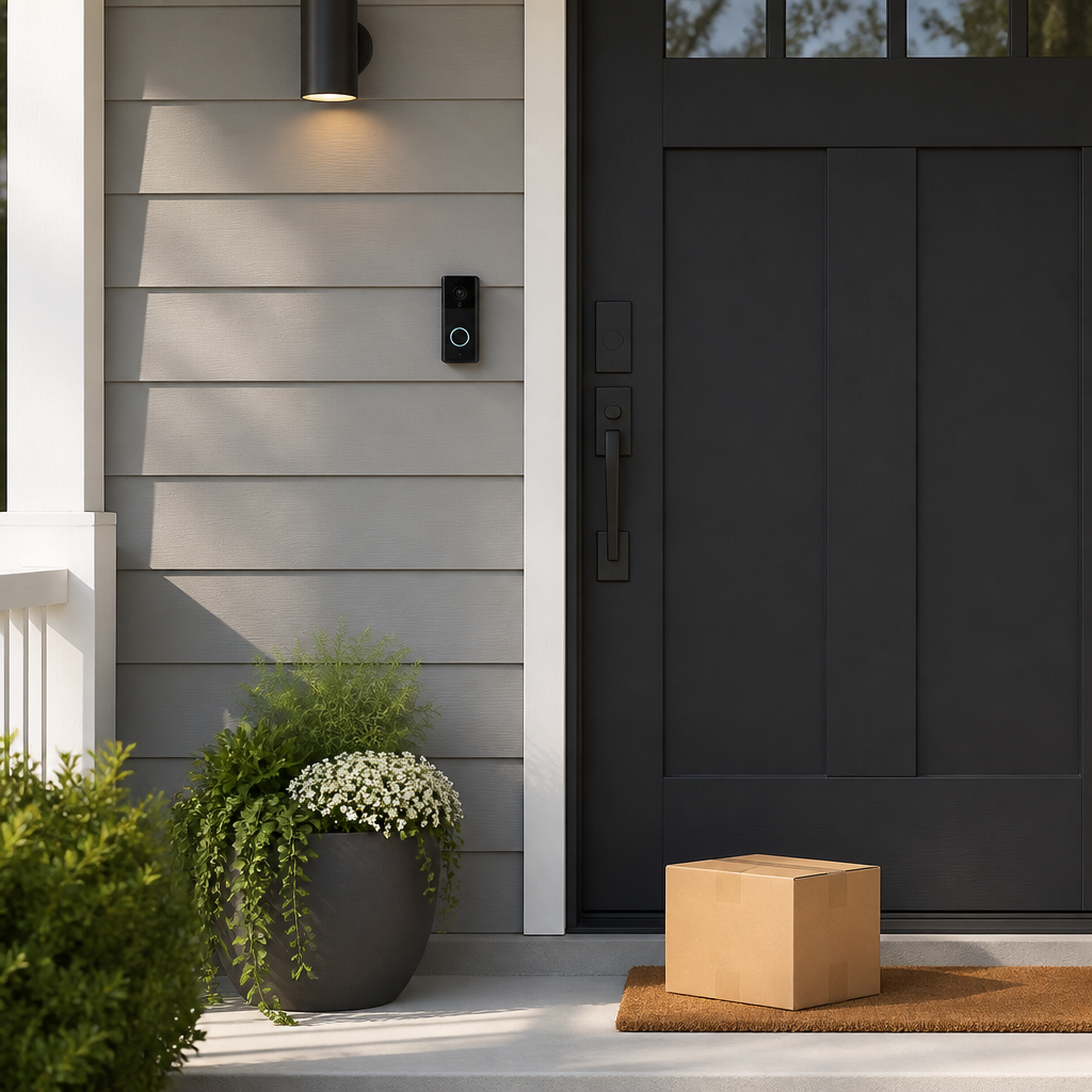 Smart video doorbell on a modern American home