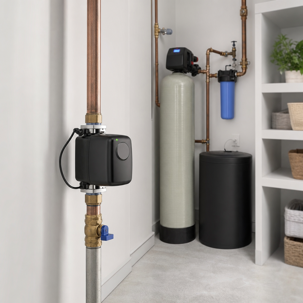 Smart water shutoff valve installed in a home utility room