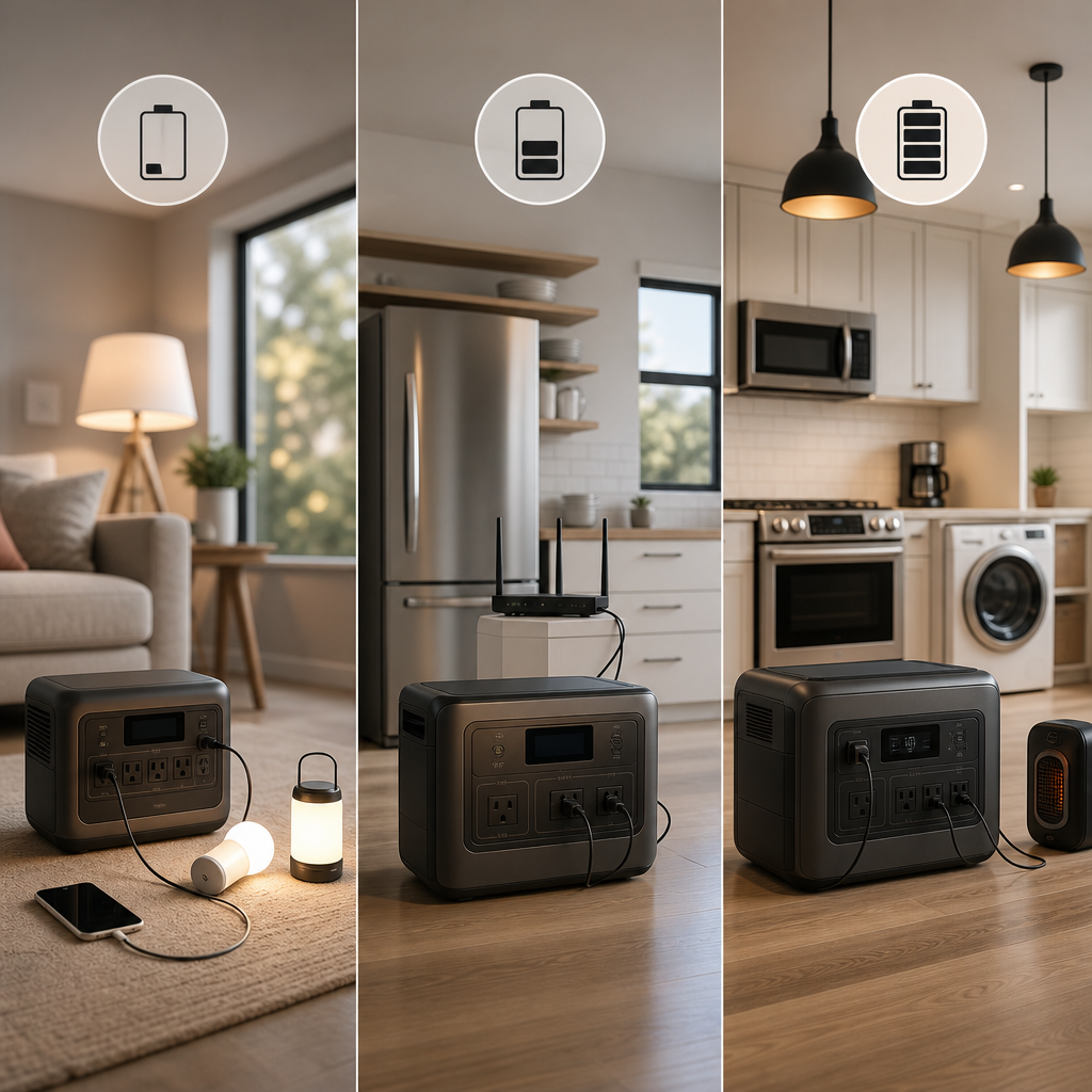 Solar generator capacity guide showing different home backup loads