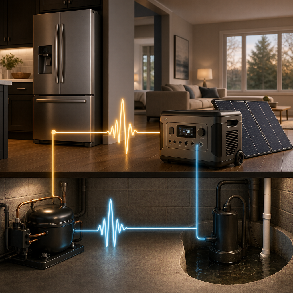 Startup surge power from refrigerator and sump pump when using a solar generator