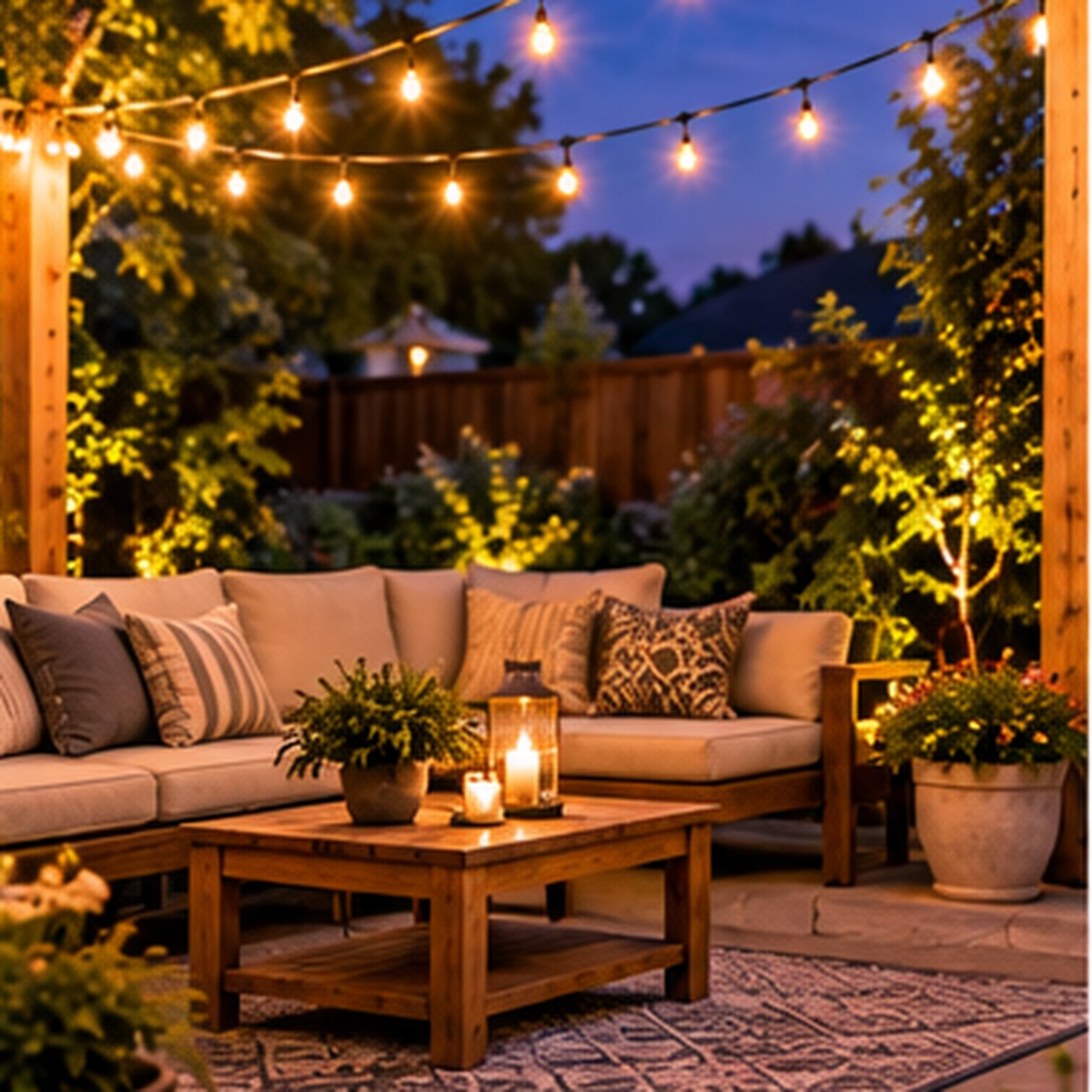 Warm string lights creating a cozy glow over a backyard seating area