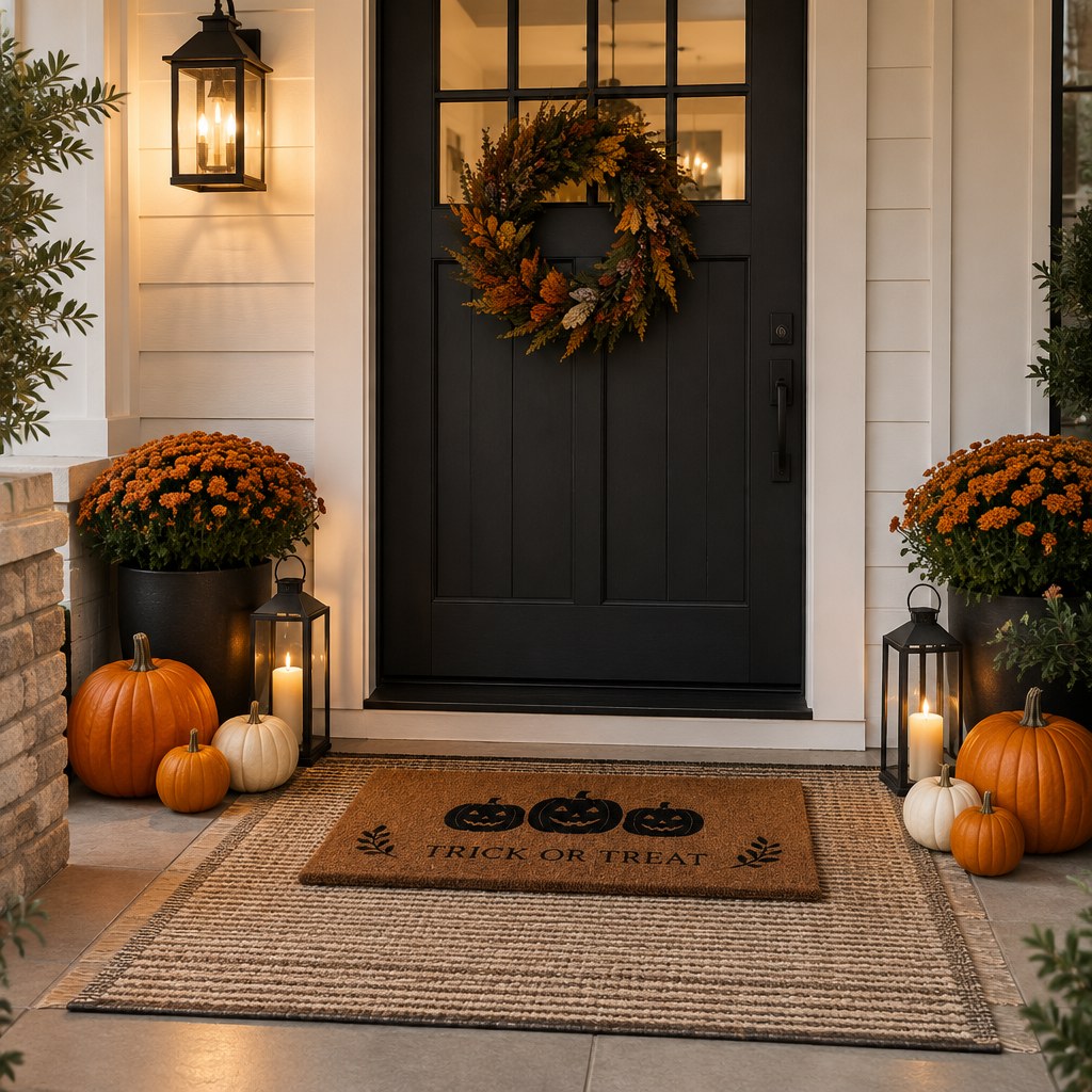 Stylish Halloween doormat layered over a neutral porch rug