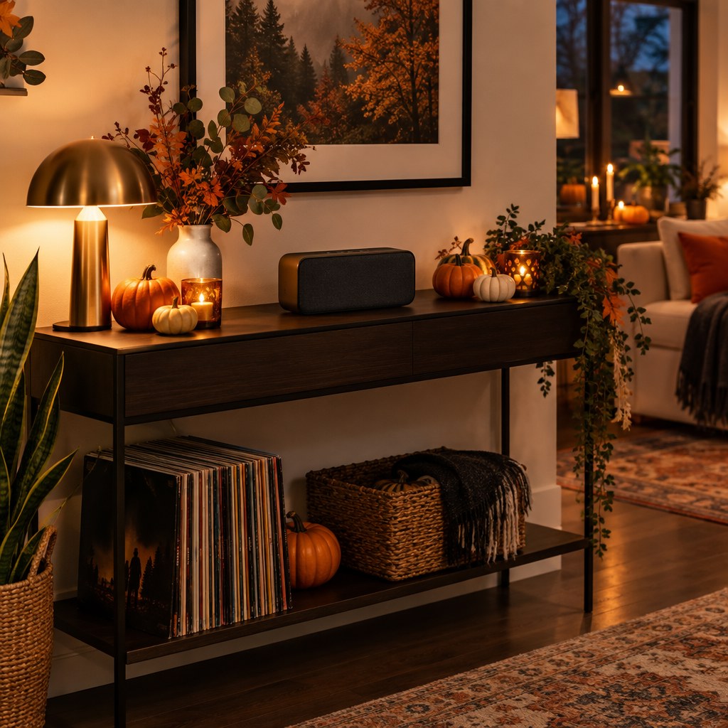 Stylish Halloween party music corner with a speaker, pumpkins and warm ambient lighting
