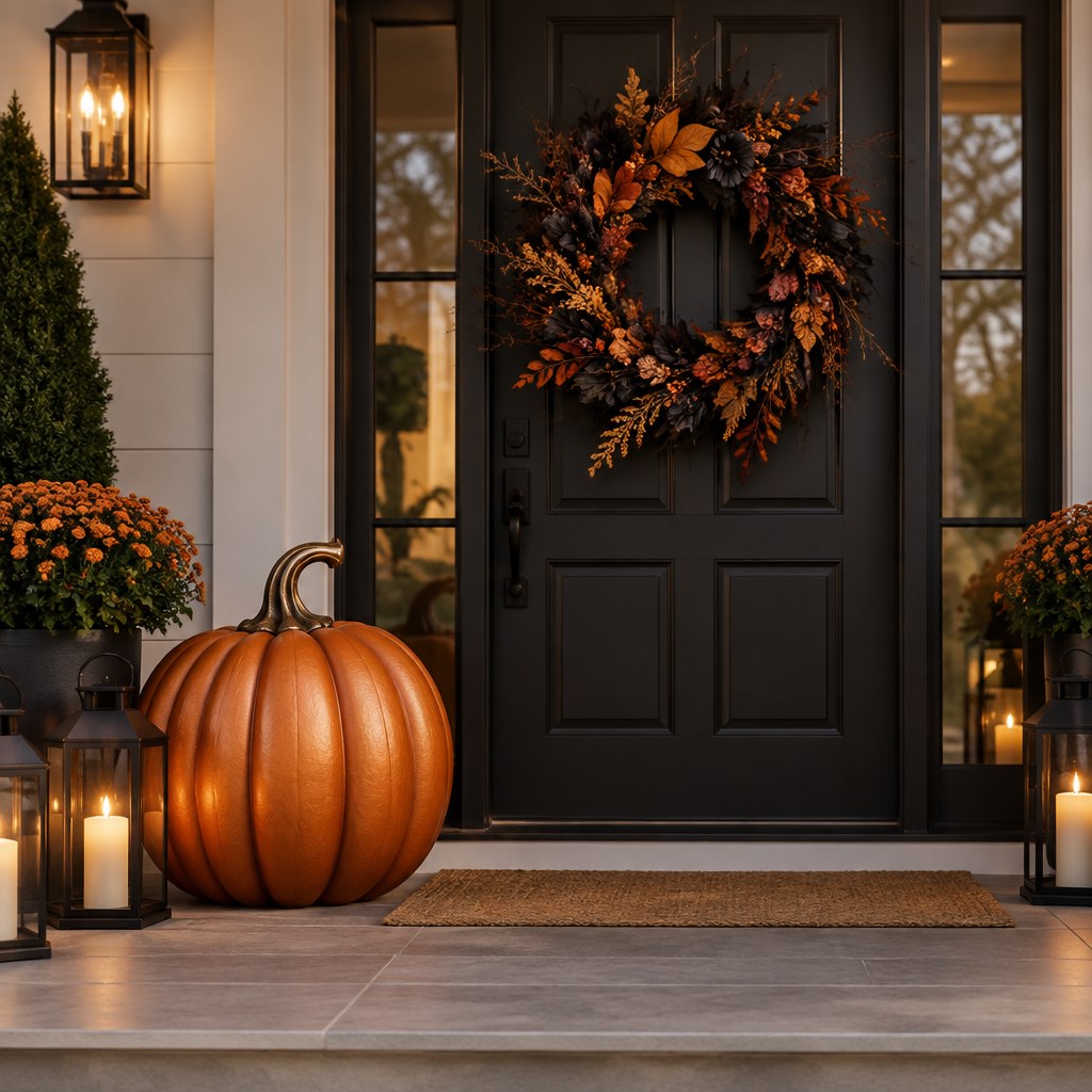 Stylish Halloween porch with a dramatic wreath and sculptural pumpkin focal point