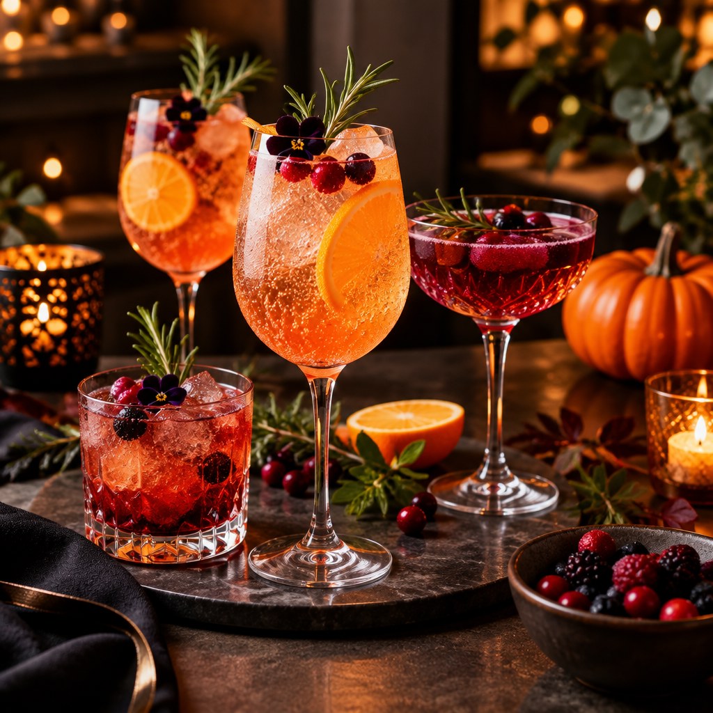 Stylish Halloween signature mocktail with sparkling citrus, berries, herbs and elegant glassware