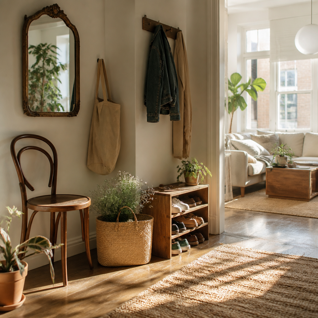 Stylish sustainable entryway with secondhand furniture and durable natural materials