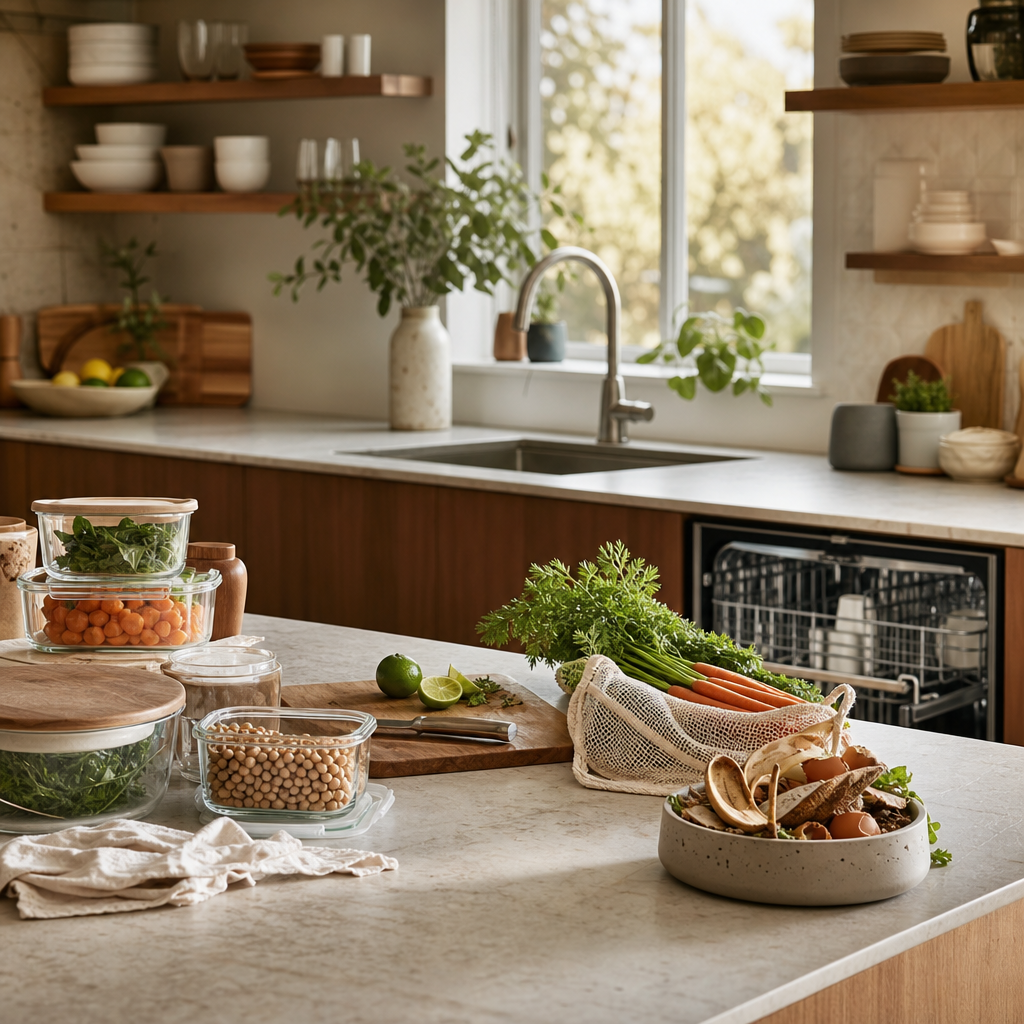 Stylish sustainable kitchen with reusable containers, fresh produce, and low-waste habits