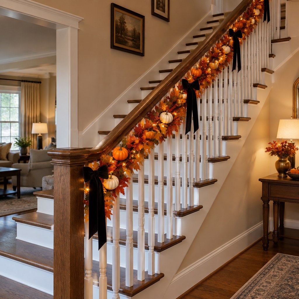 Subtle Halloween garland with leaves and lights on an entryway stair rail