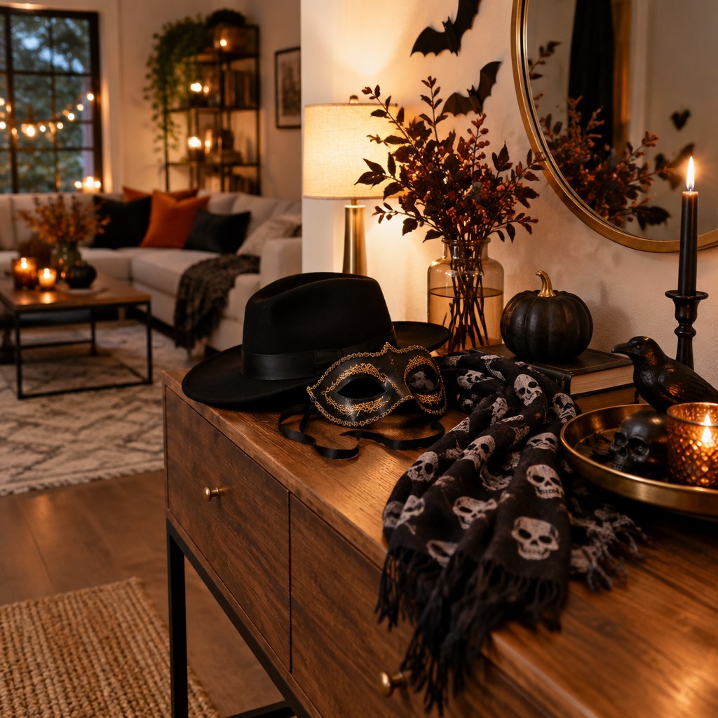 Tasteful Halloween costume accessories arranged for a casual home party